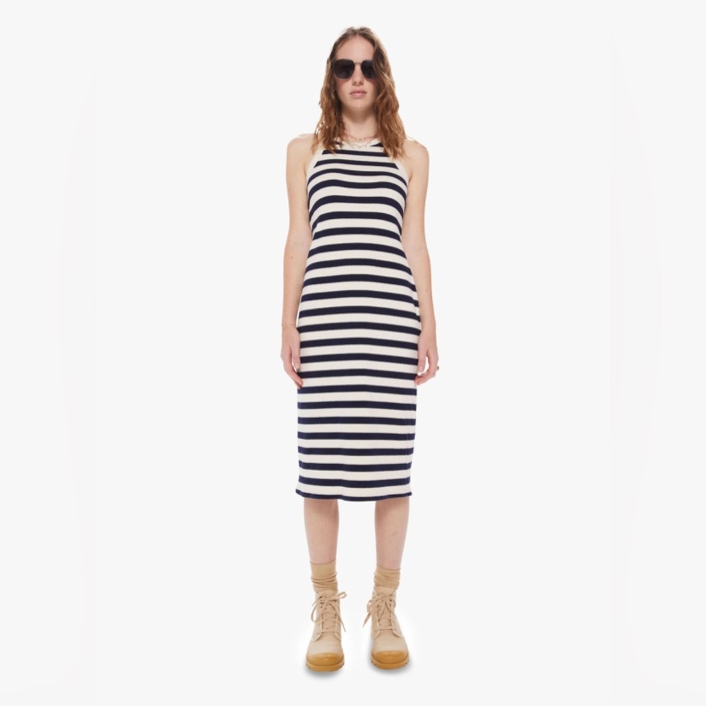 Mother The Chin Ups Striped Midi Dress, Navy Blue / Natural Stripe